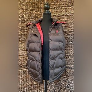U.S. Polo Assn. chocolate brown vest with red lining, pockets, fur hood